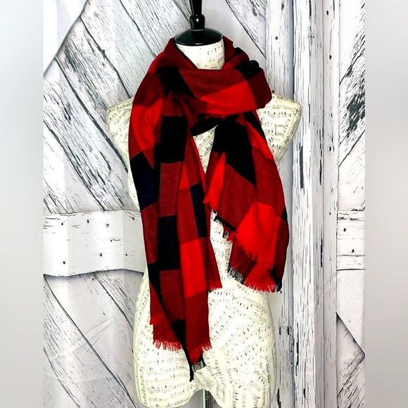 Sandro Paris Scarf Wool & Silk Blend Buffalo Checked Red Black